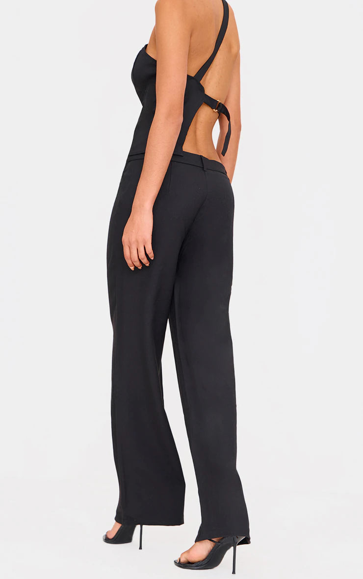 Black Woven Tailored Wide Leg Belt Detail Pants