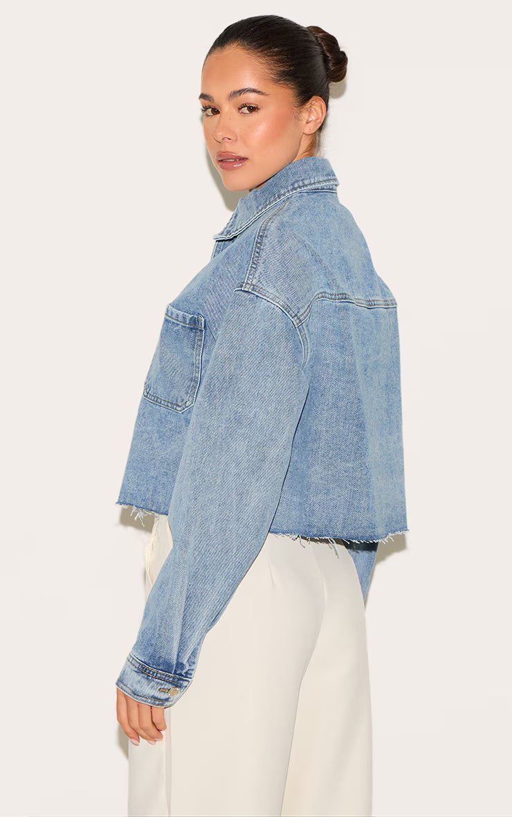 Mid Blue Wash Raw Hem Cropped Denim Shirt