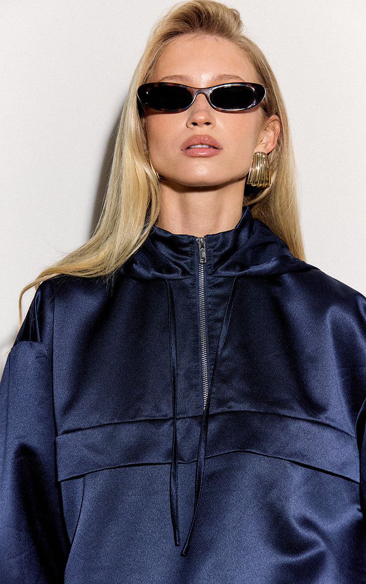 Navy Satin Zip Up Hooded Pullover Jacket