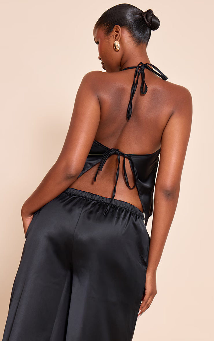 Black Satin Ruched Backless Tie Cami Top