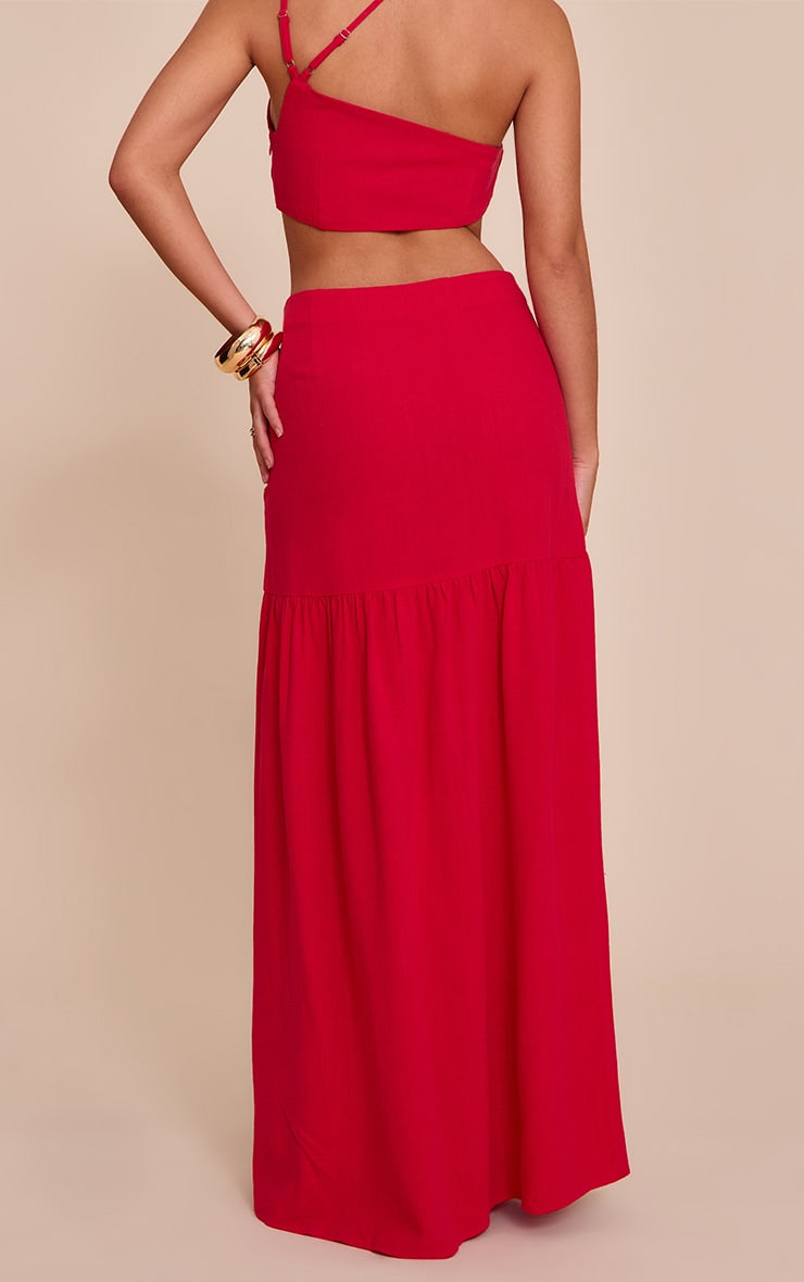 Tomato Red Seam Detail Floaty Linen Maxi Skirt