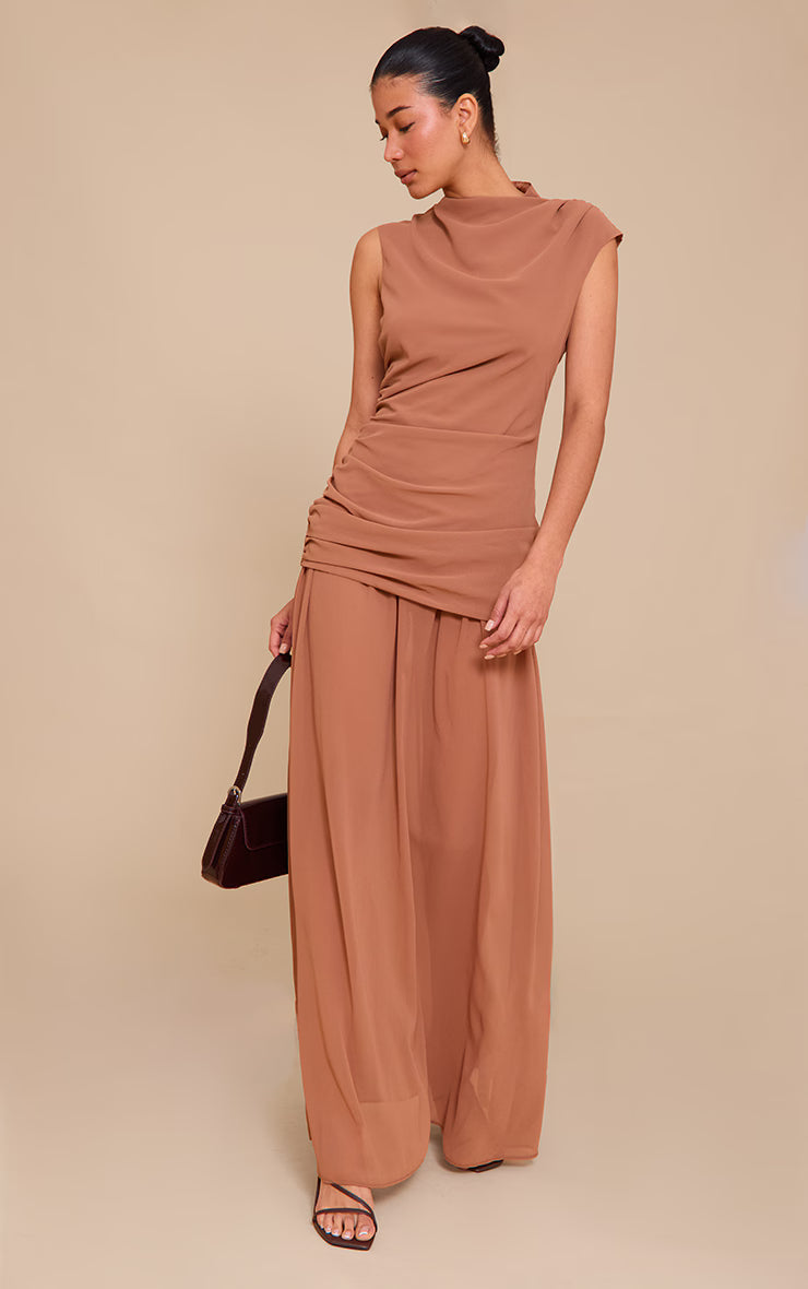 Mocha Chiffon Ruched Dropped Waist Sleeveless Maxi Dress