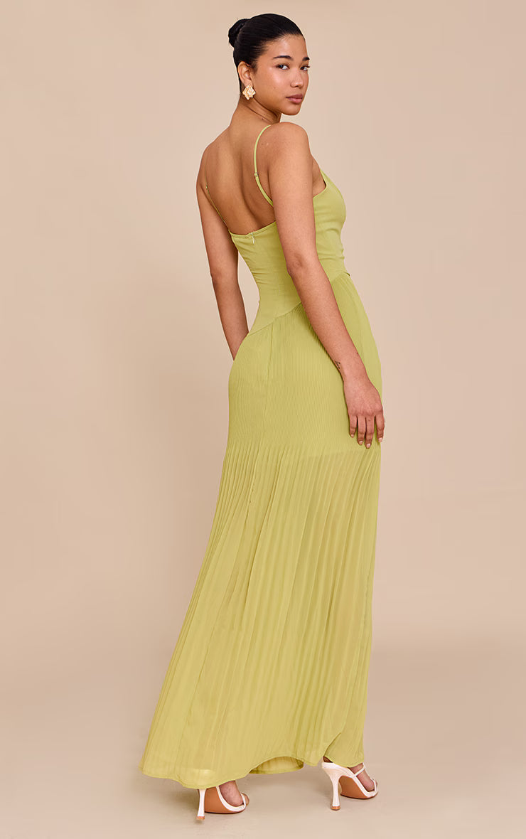 Lime Woven Pleated Hem Detail Spaghetti Maxi Dress