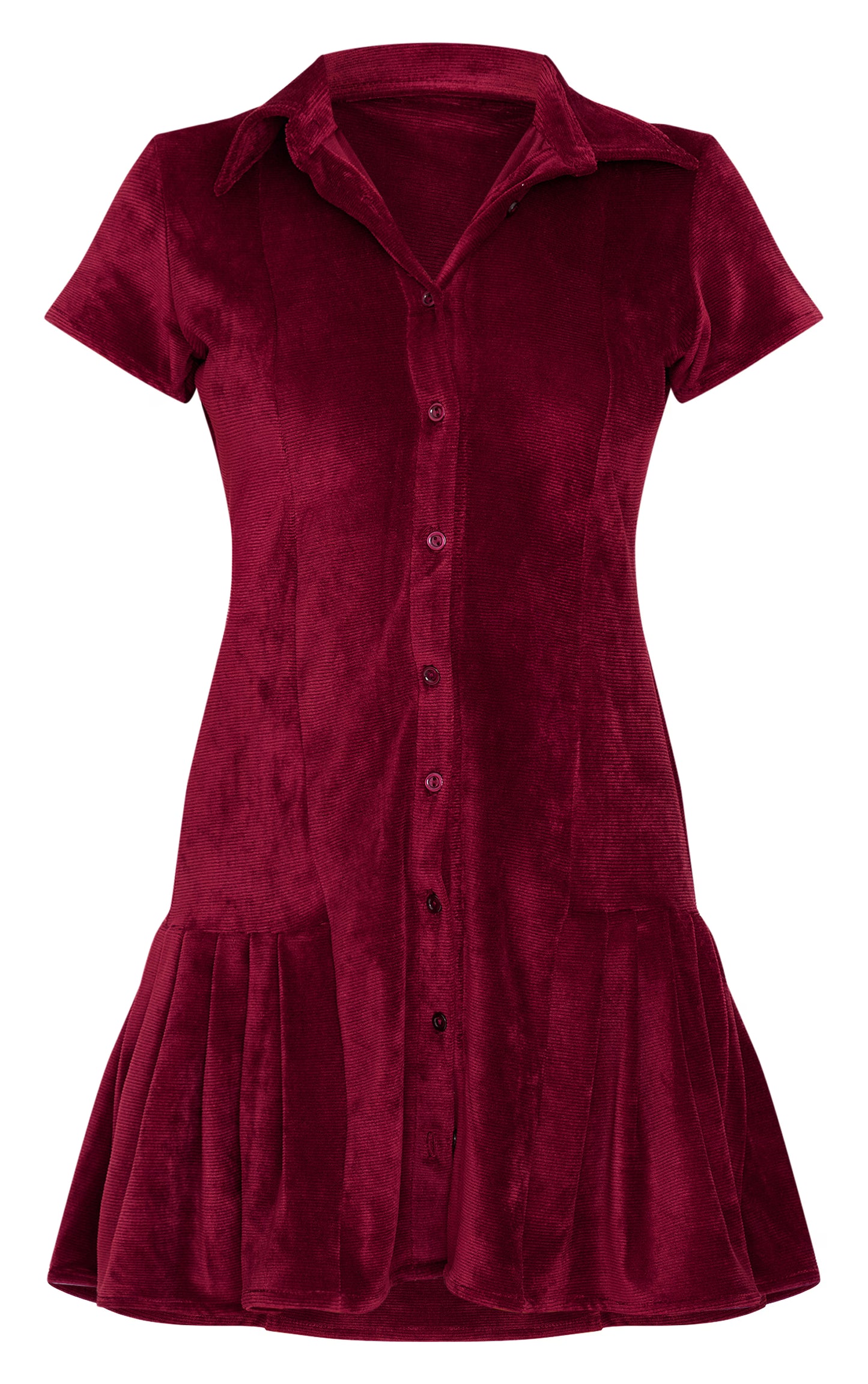 Burgundy Cord Button Down Cap Sleeve Pleated Hem Shift Dress