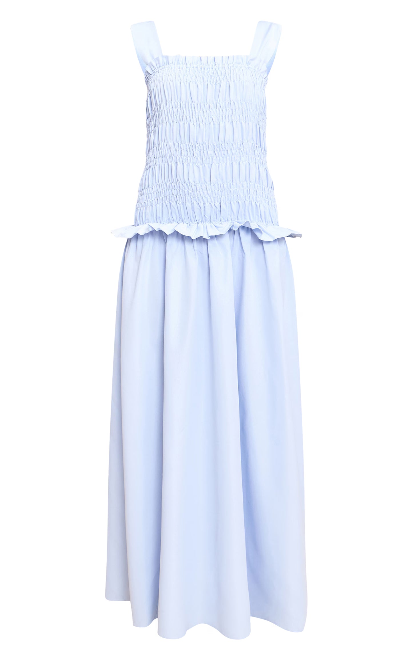 Blue Shirred Frill Detail Maxi Dress