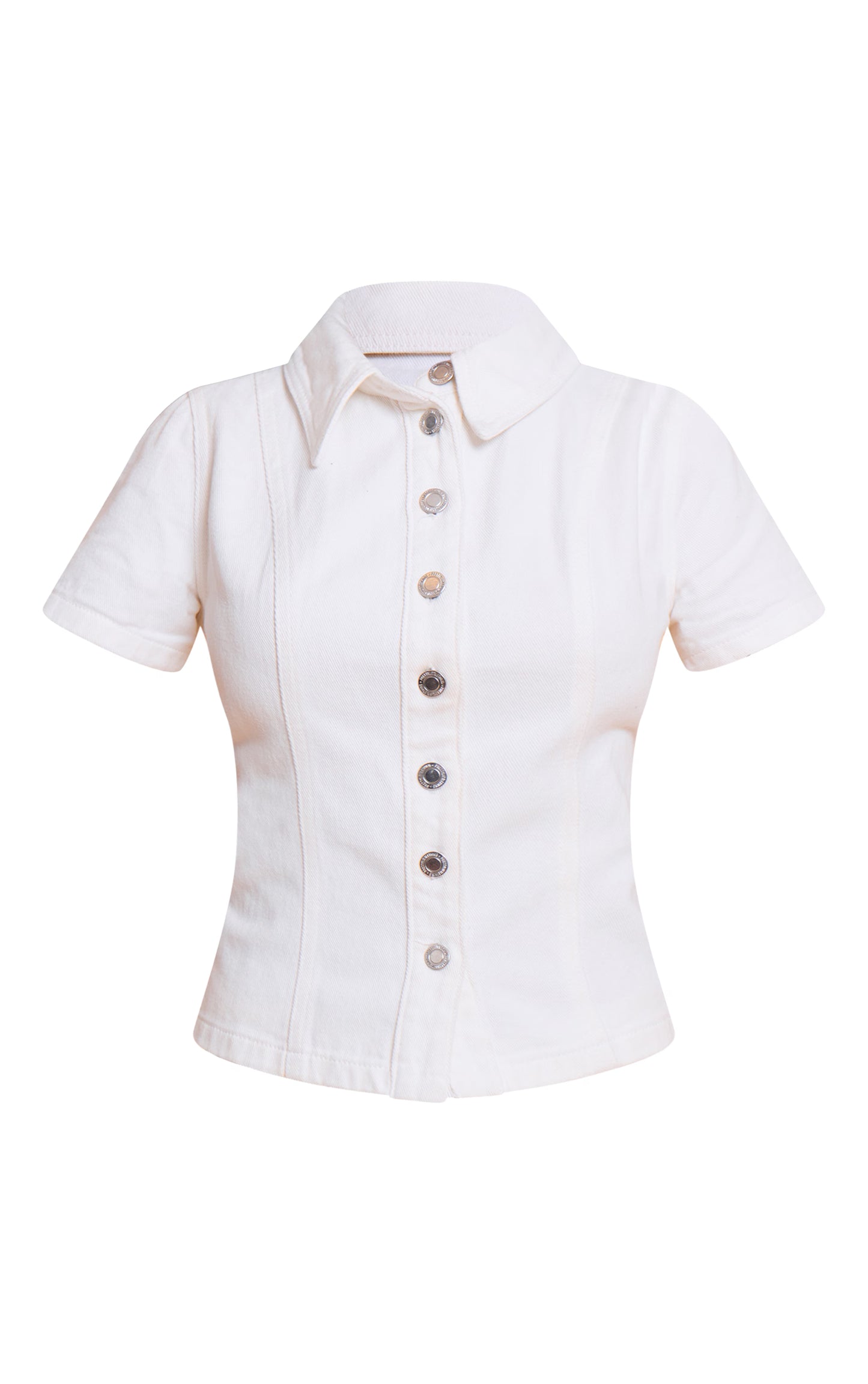 Petite White Denim Button Up Short Sleeve Shirt