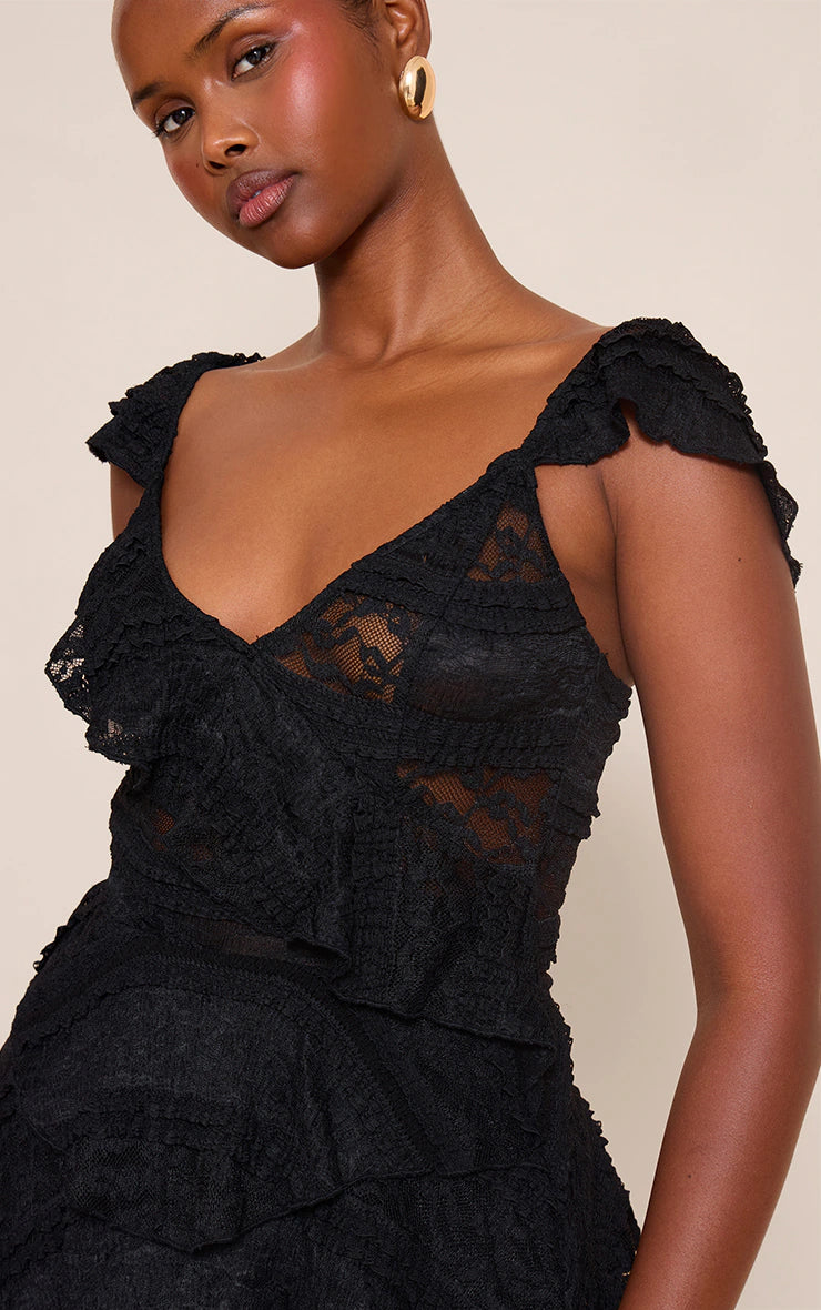 Black Lace Frill Detail One Mini Shift Dress