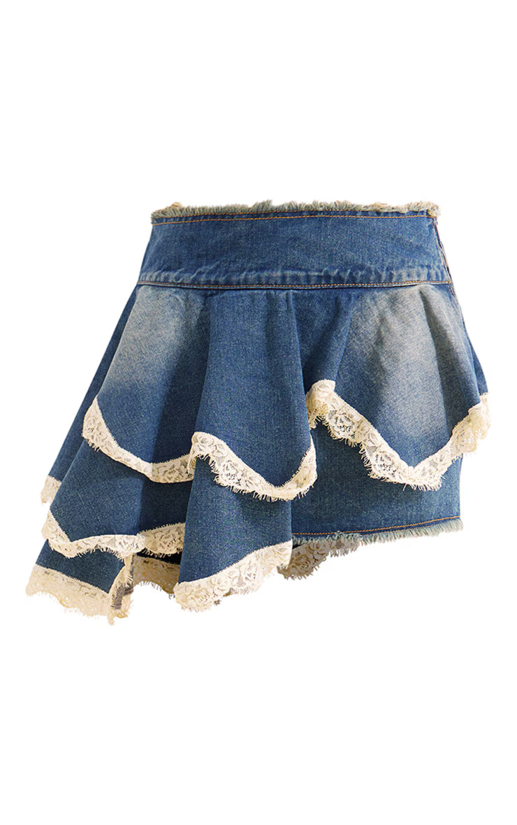 Mid Blue Wash Lace Trim Freyed Edge Denim Skater Skirt