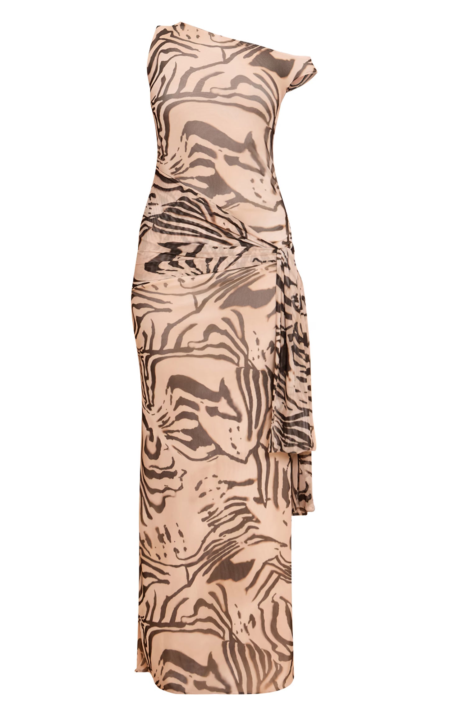 Cream Zebra Print Mesh Asymmetric Neckline Maxi Dress