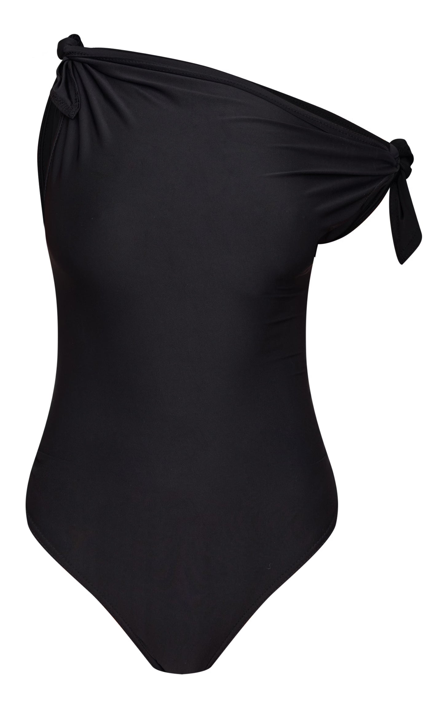 Black Slinky Tie Shoulder Asymmetric Bodysuit
