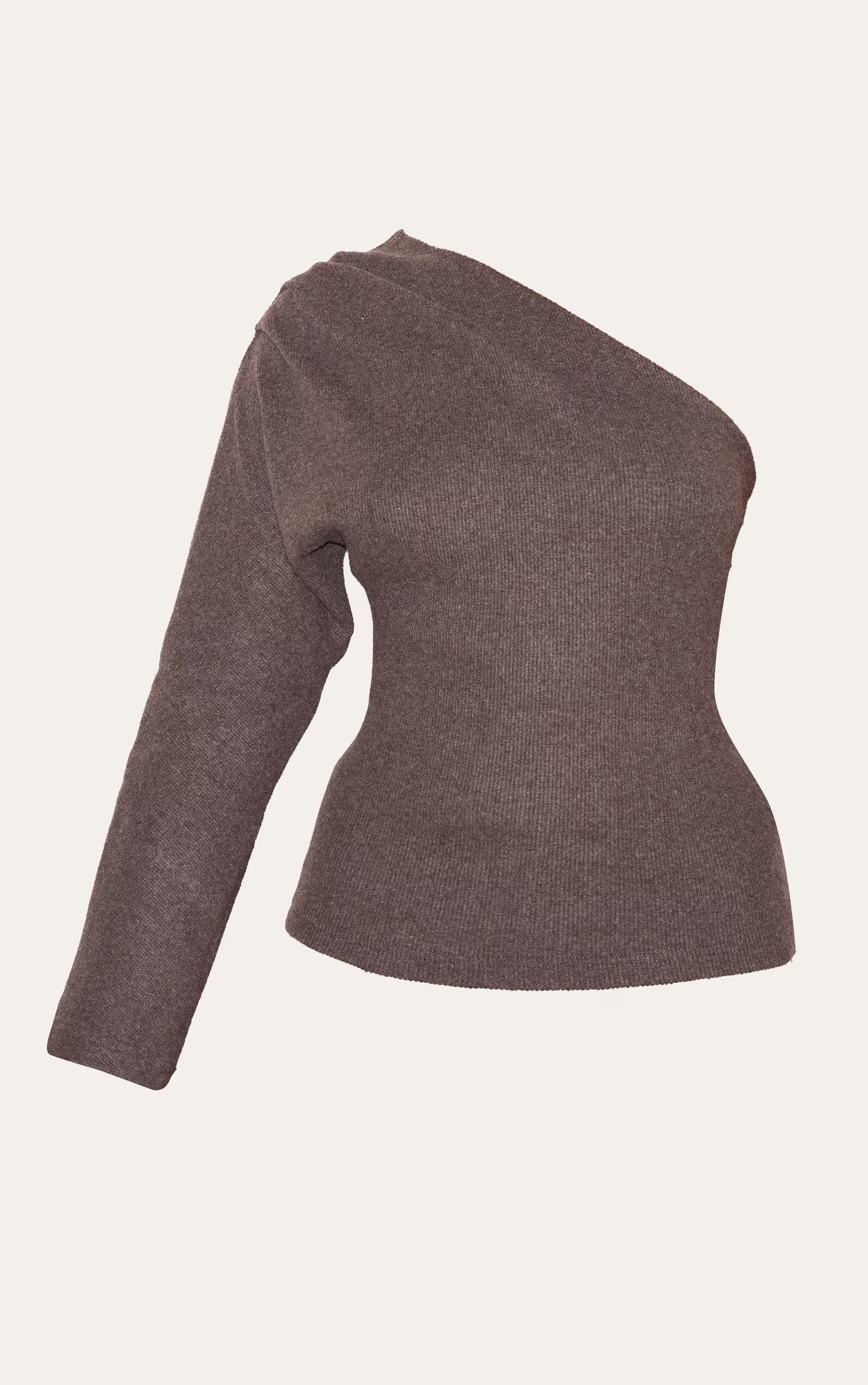 Chocolate Brushed Rib Asymmetric Shoulder Long Top