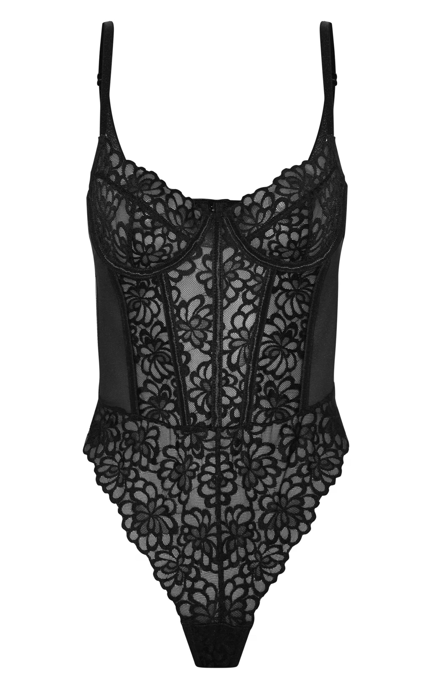 Black Floral Scalloped Edge Lace Cut Out Bodysuit