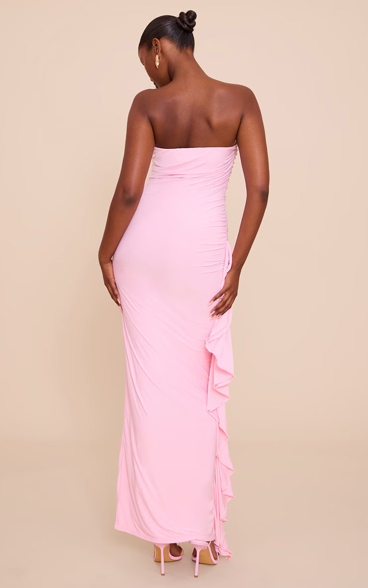 Baby Pink Double Layer Slinky Bandeau Frill Detail Maxi Dress