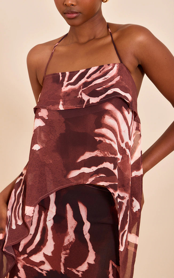 Brown Chiffon Floral Halterneck Strappy Top