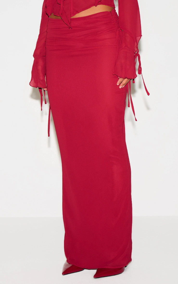Burgundy Ruched Chiffon Maxi Skirt