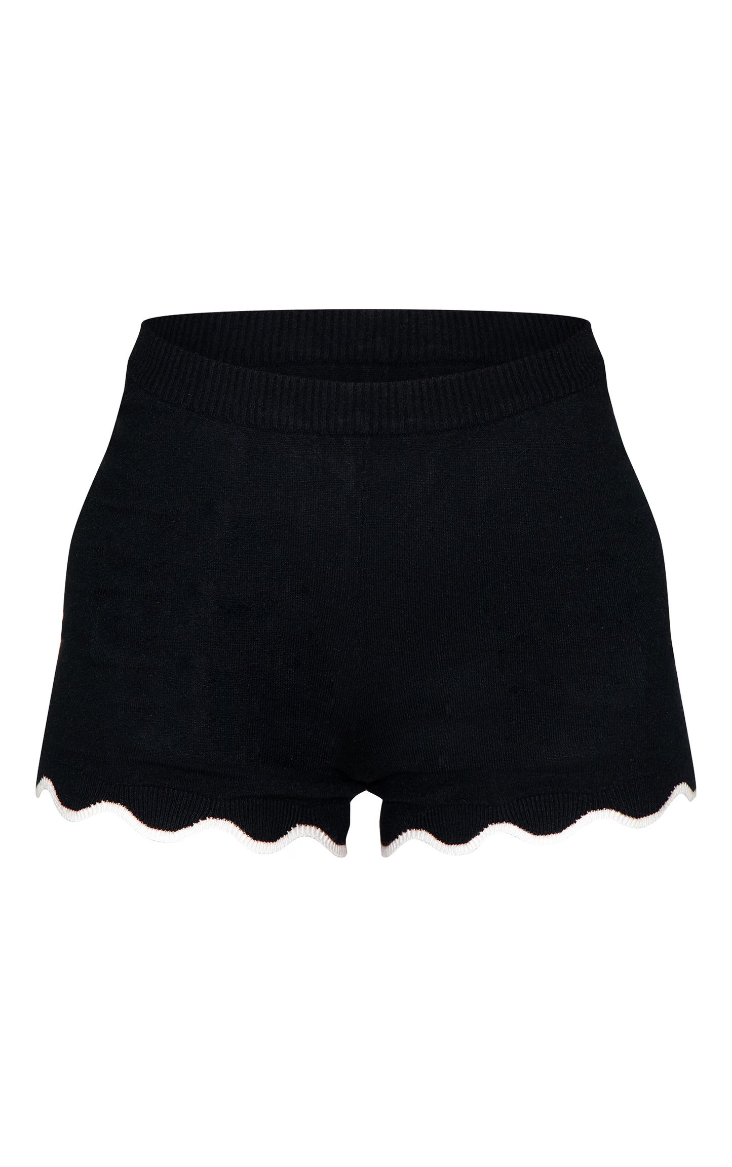 Black Contrast Soft Knit Scallop Hem Mini Short