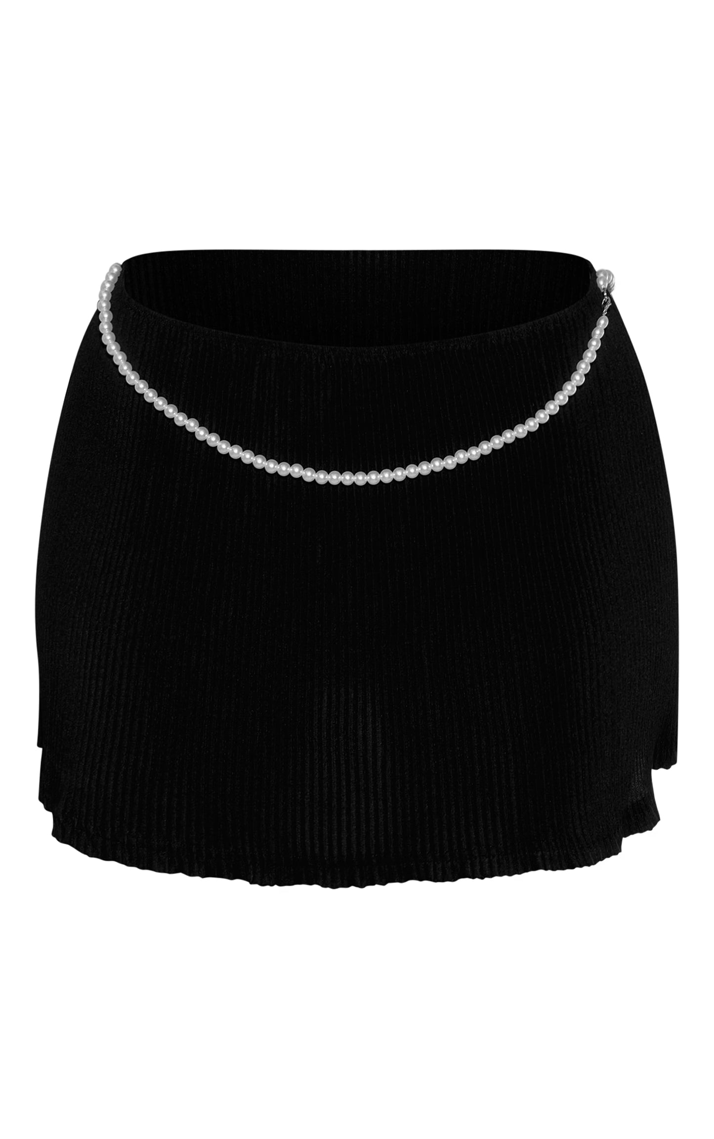 Black Plisse Pearl Detail Low Rise Mini Skirt