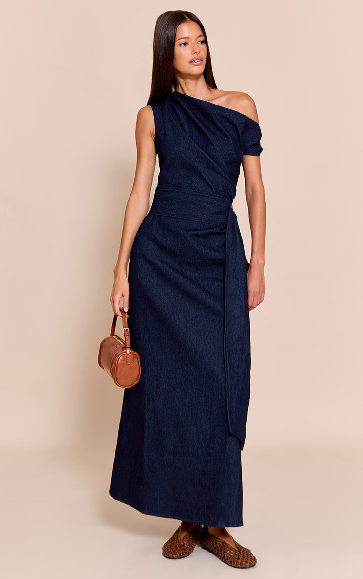 Indigo Blue Chambray Denim Ruched Belted Midaxi Dress