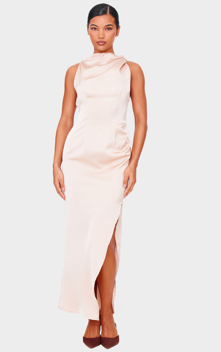 Champagne Satin High Neck Ruched Back Detail Midi Dress