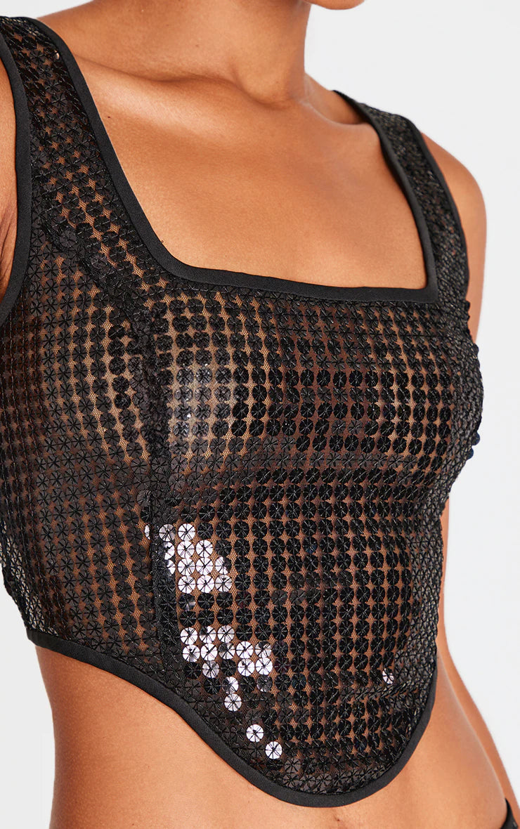 Black Chain Sequin Corset Top