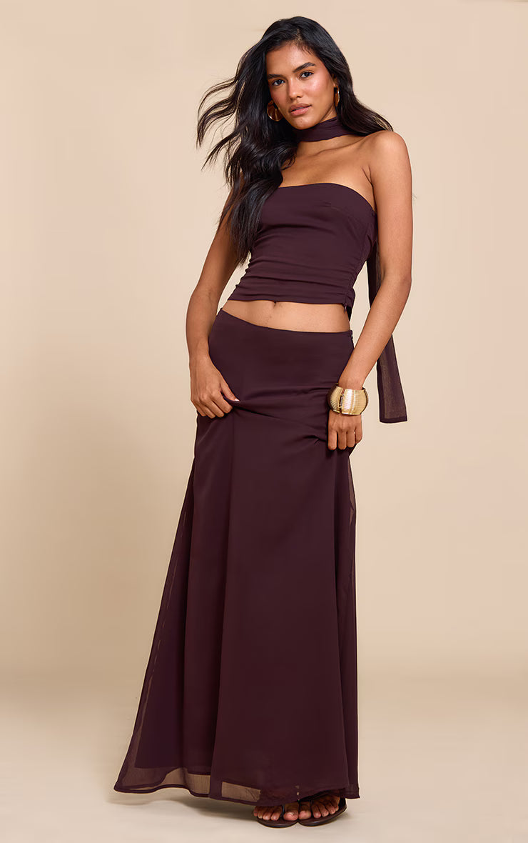 Chocolate Chiffon Neck Wrap Bandeau Top