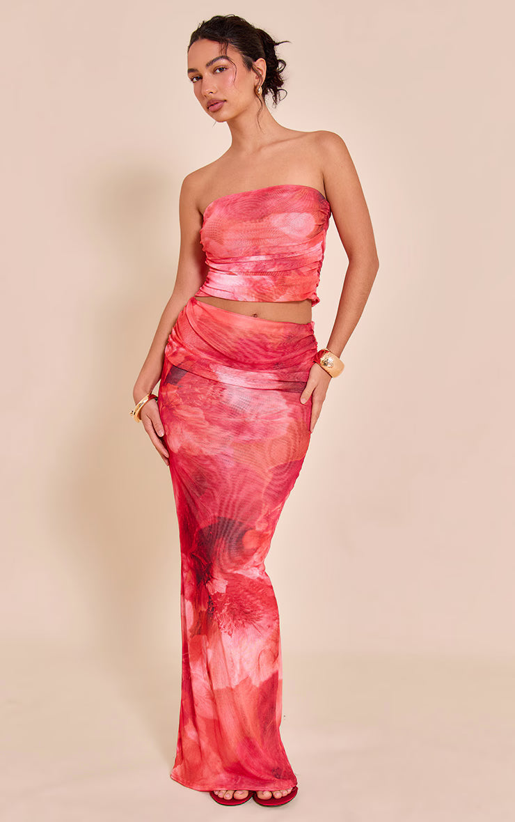 Pink Floral Print Chiffon Mesh Bandeau Top