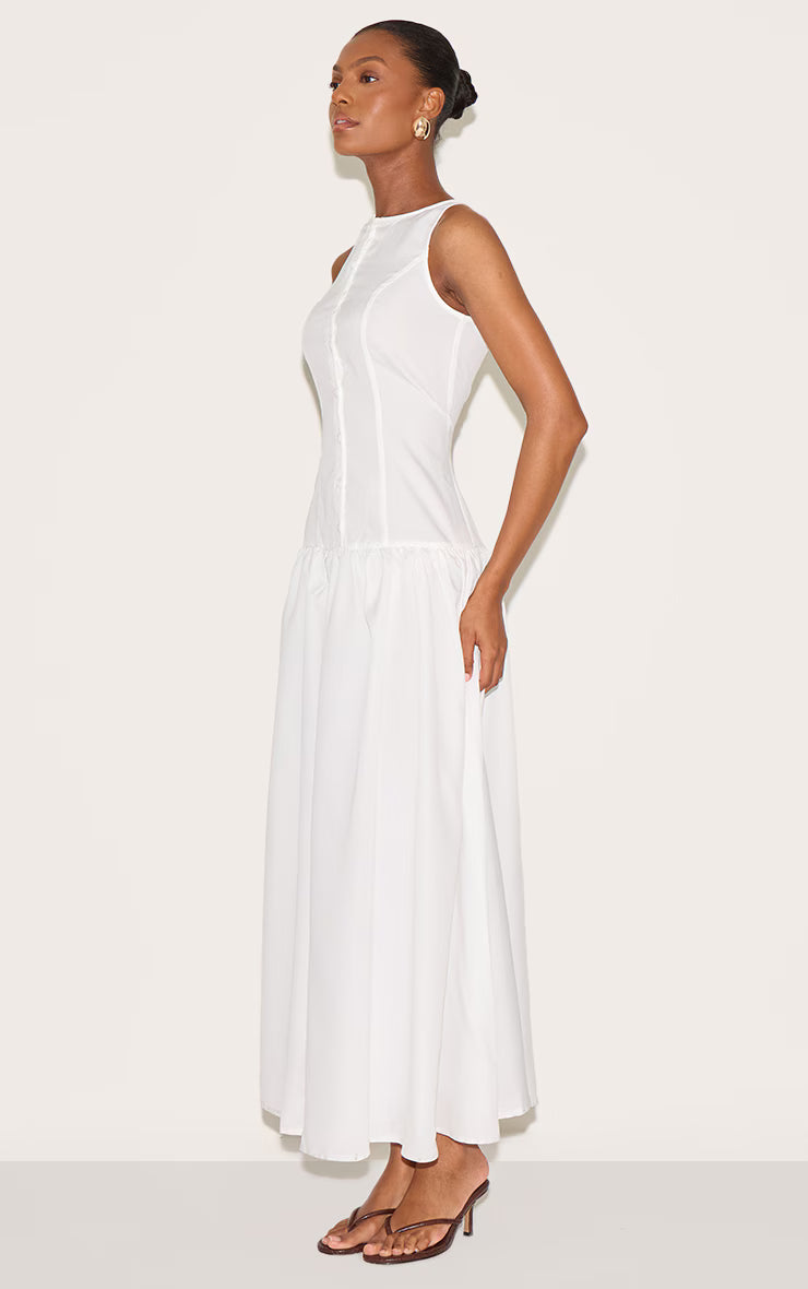 White Button Down Drop Waist Maxi Dress
