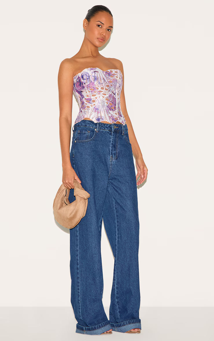 Purple Textured Sheer Floral Lace Corset