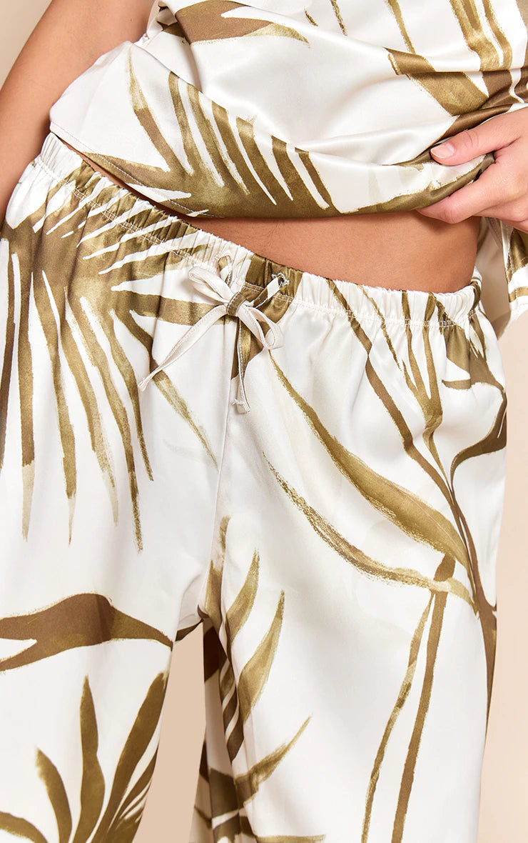 Green Leaf Print Satin Wide Leg Pants