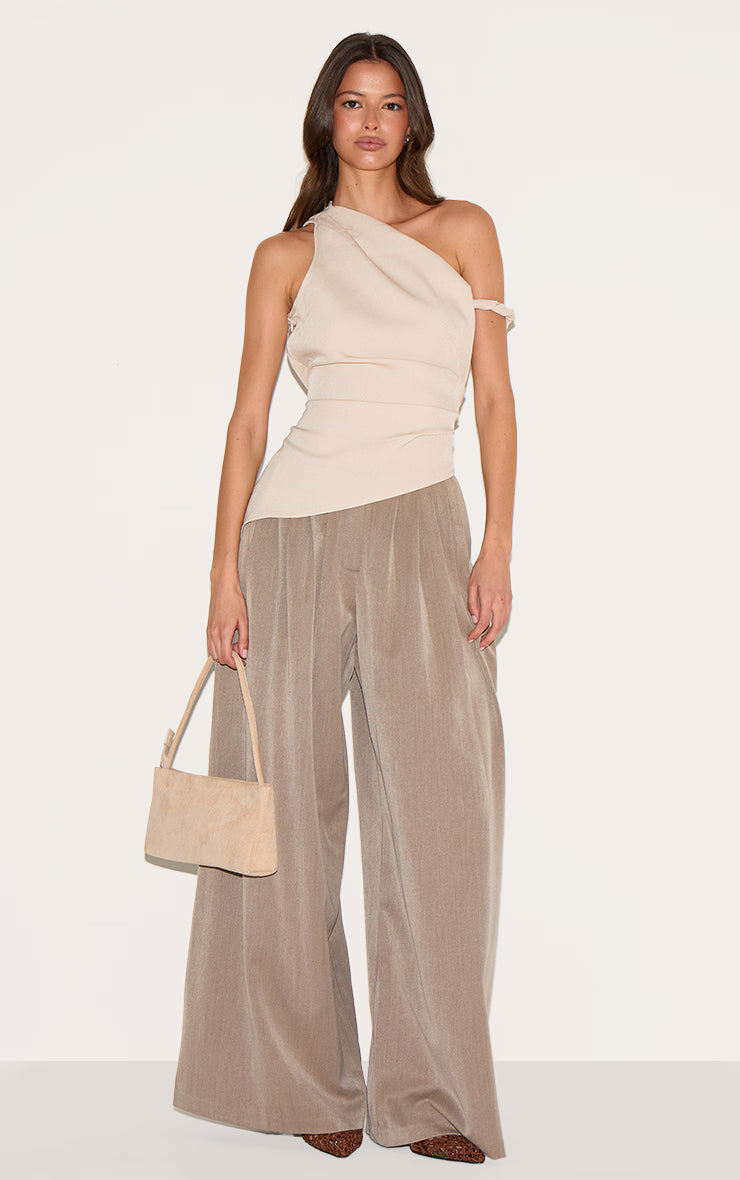 Sand Woven Asymmetric Hem Ruched Long Top