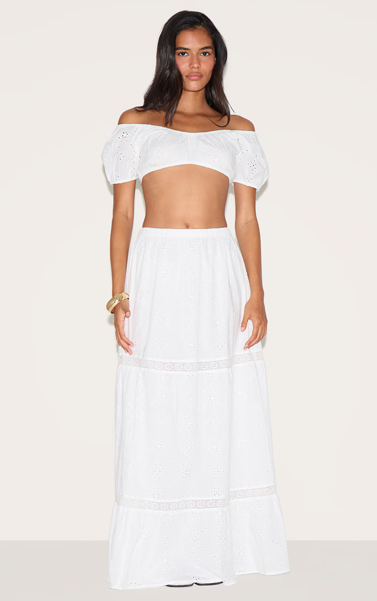White Broderie Bardot Crop Top