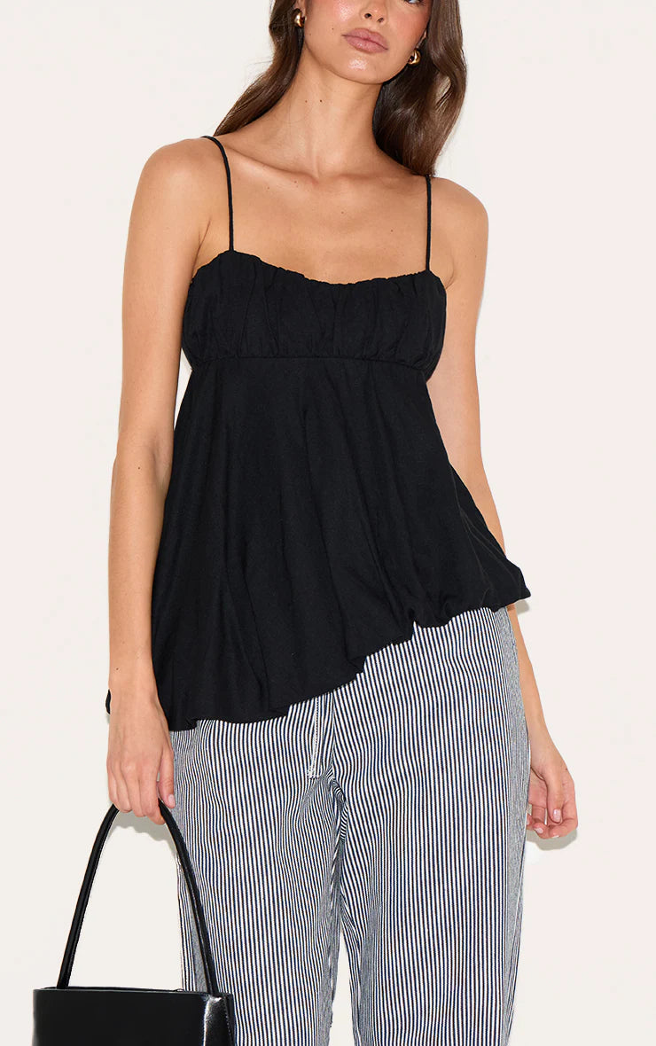 Black Linen Blend Puff Ball Asymmetric Cami