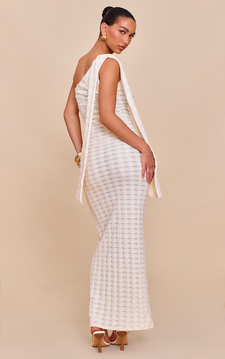 Cream Textured One Shoulder Drape Detail Maxi Dress
