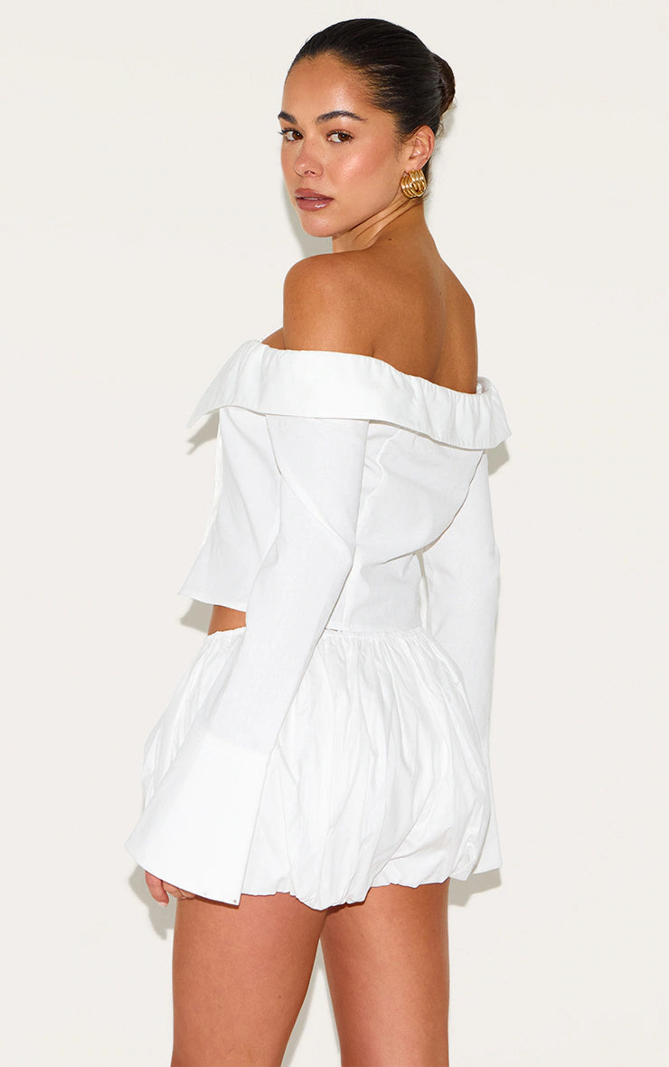White Linen Blend Bardot Button Up Shirt