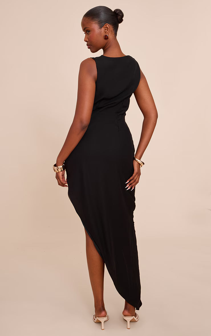Black Chiffon Cowl Ruched Midi Dress