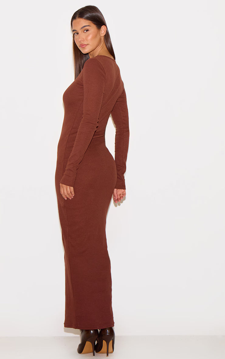 Chocolate Ribbed V Neck Long Sleeve Maxi Dress