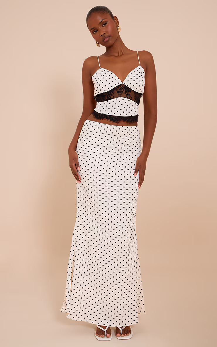 White Polka Dot Lace Detail Cami Top