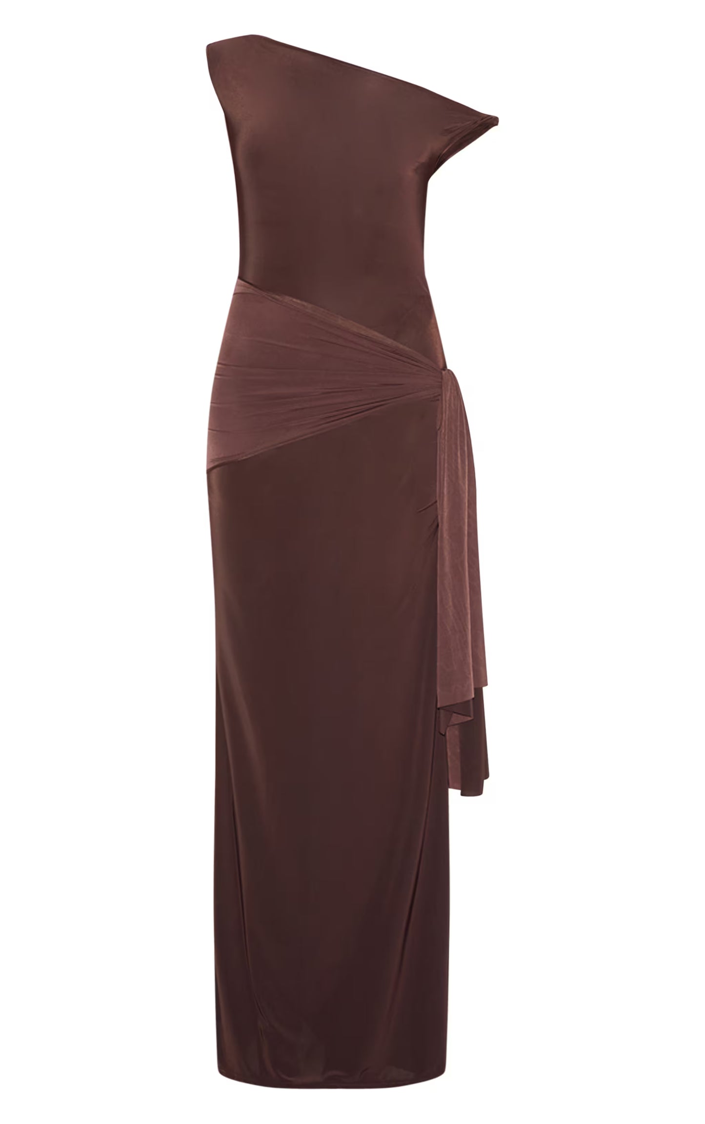 Chocolate Slinky Off Shoulder Wrap Detail Maxi Dress