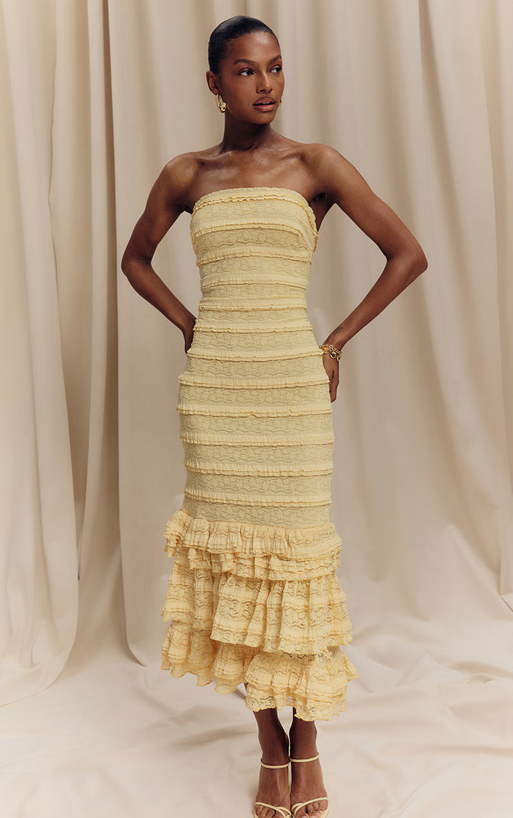 Lemon Textured Lace Frill Tiered Midaxi Dress
