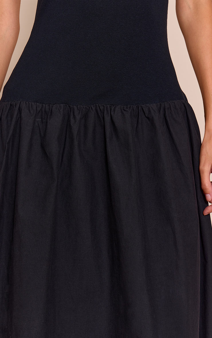 Black Dropped Waist T Shirt Puff Ball Hem Maxi Dress