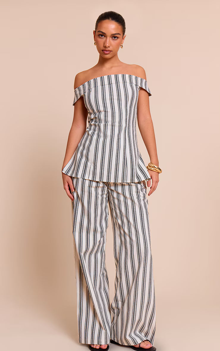Natural Textured Stripe Fold Over Bardot Long Top