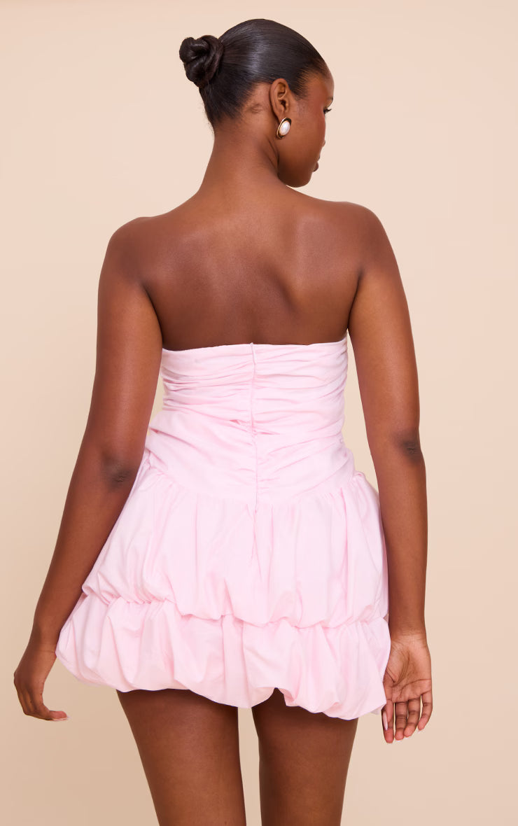 Baby Pink Bandeau Ruched Puffball Mini Dress