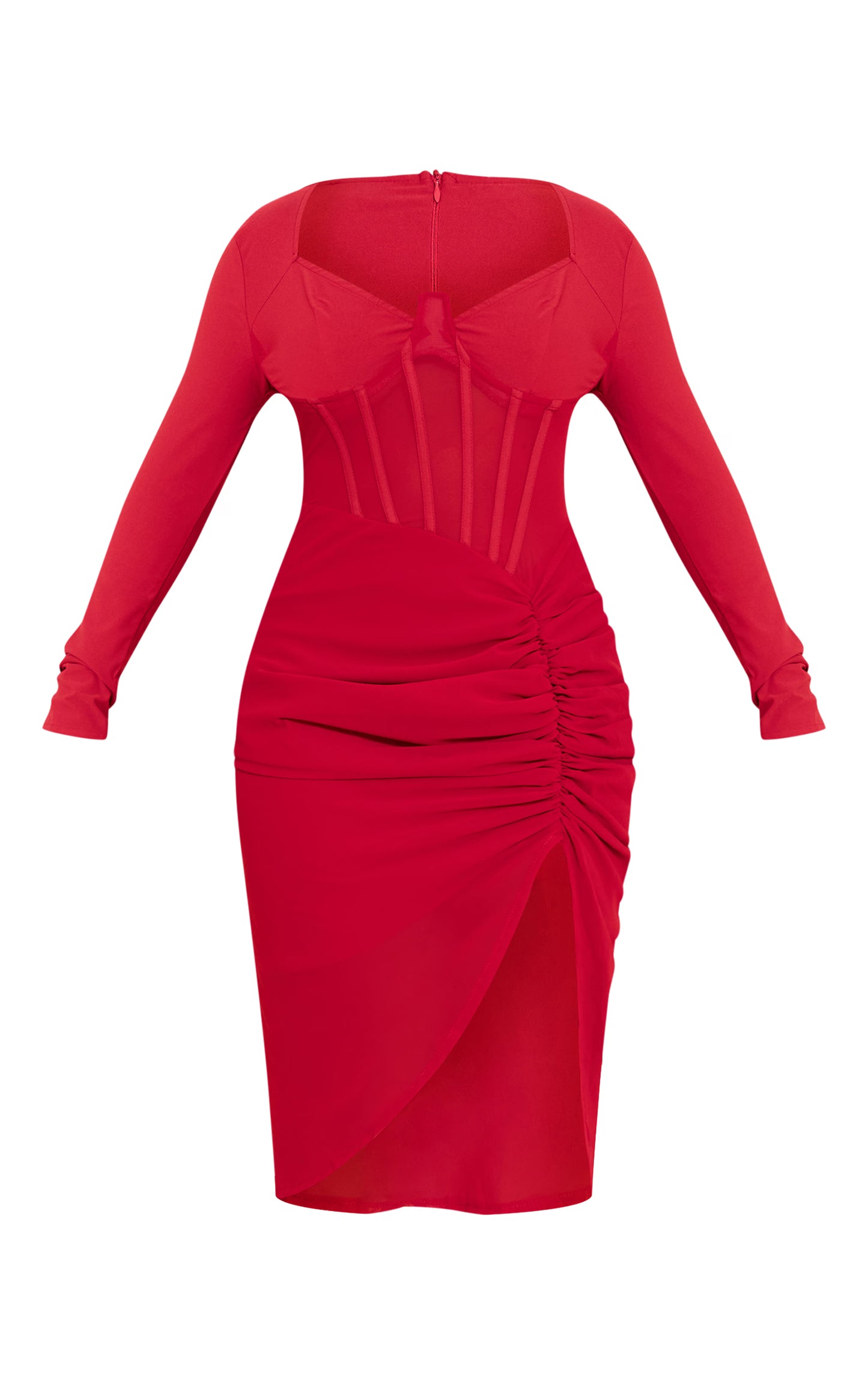 Shape Red Corset Detail Long Sleeve Ruched Midi Dress