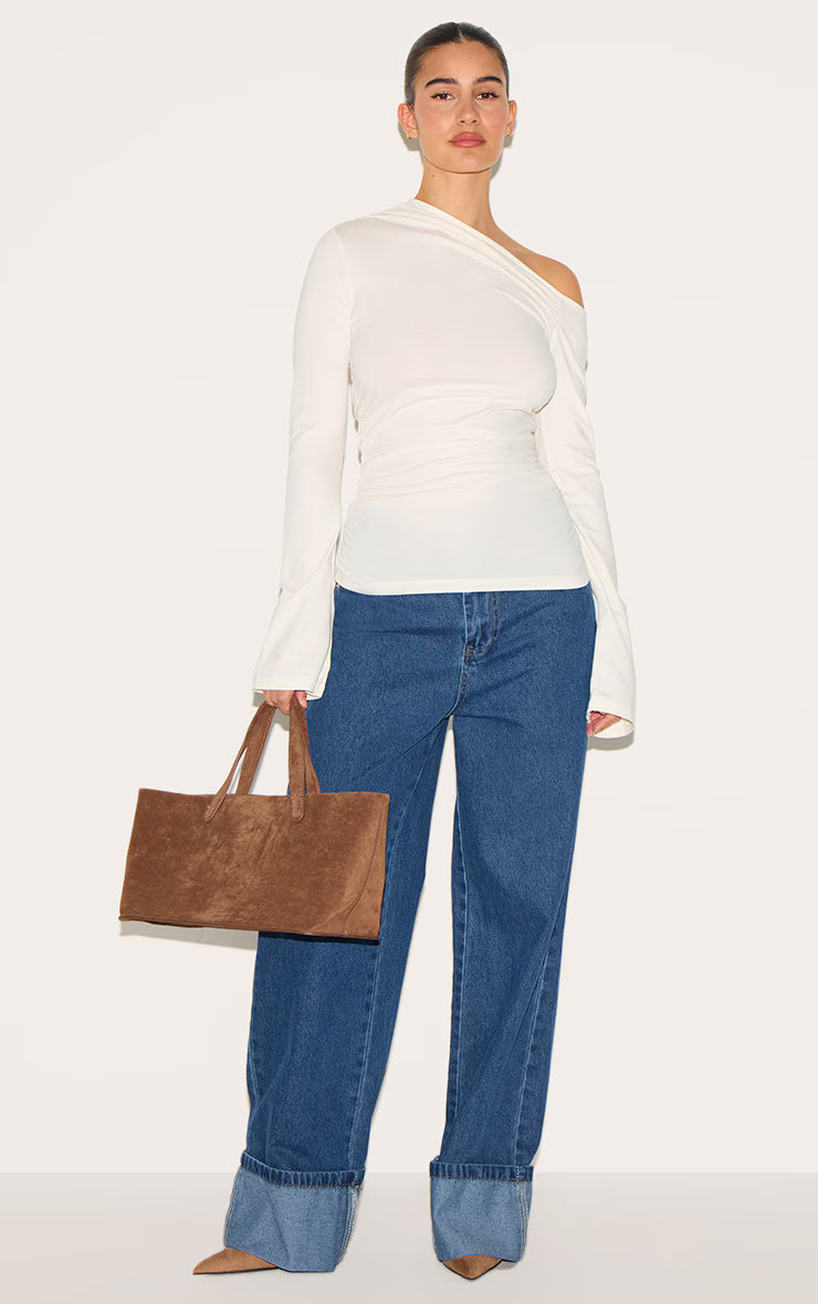 Cream Asymmetric Ruched Flared Sleeve Long Top