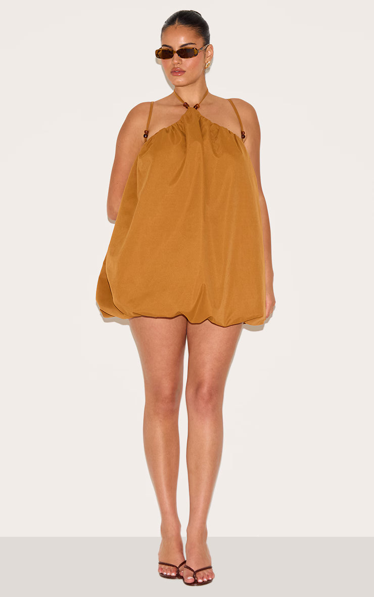Plus Dark Ochre Halterneck Bead Detail Puffball Dress