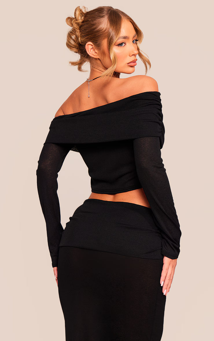 Black Sheer Burnout Mesh Fold Over Hem Long Sleeve Bardot Top
