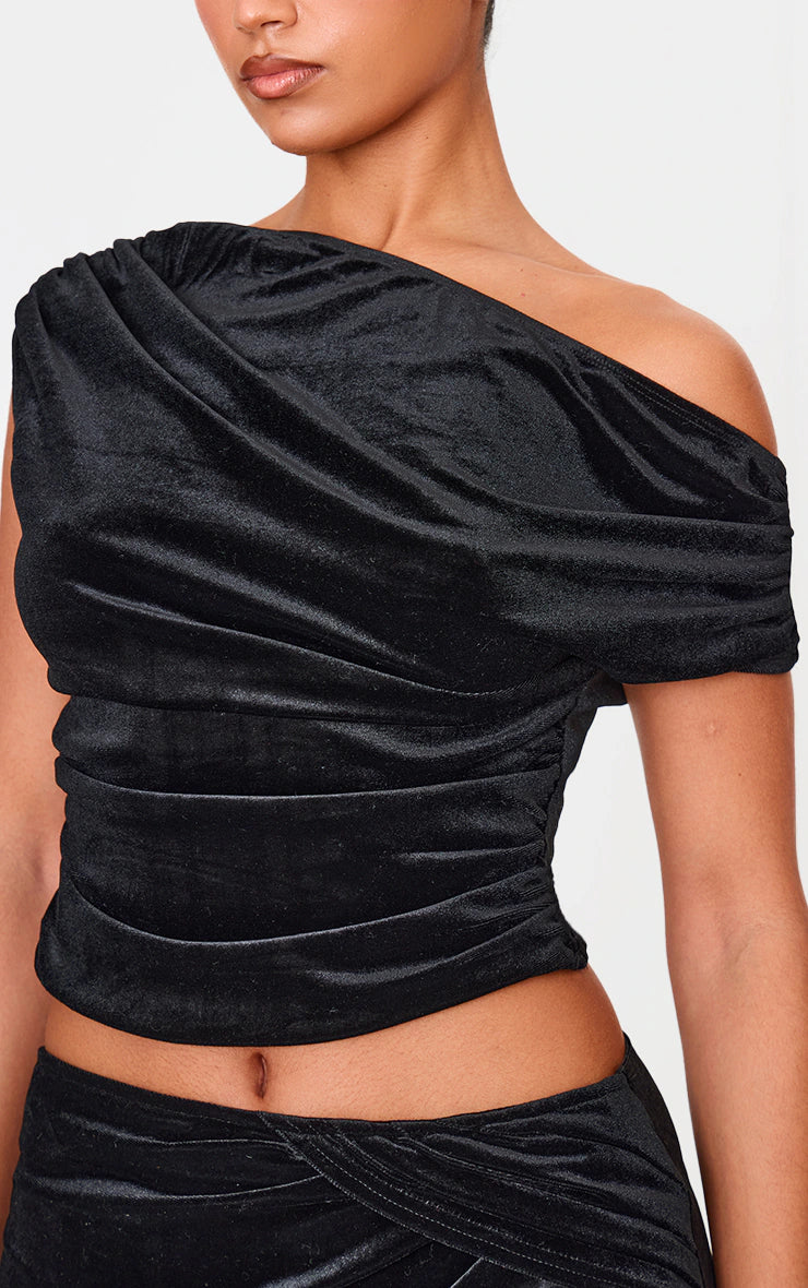 Black Velvet Ruched Detail Top