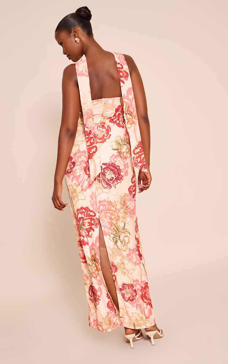 Multi Floral Print Bandeau Scarf Detail Chiffon Maxi Dress