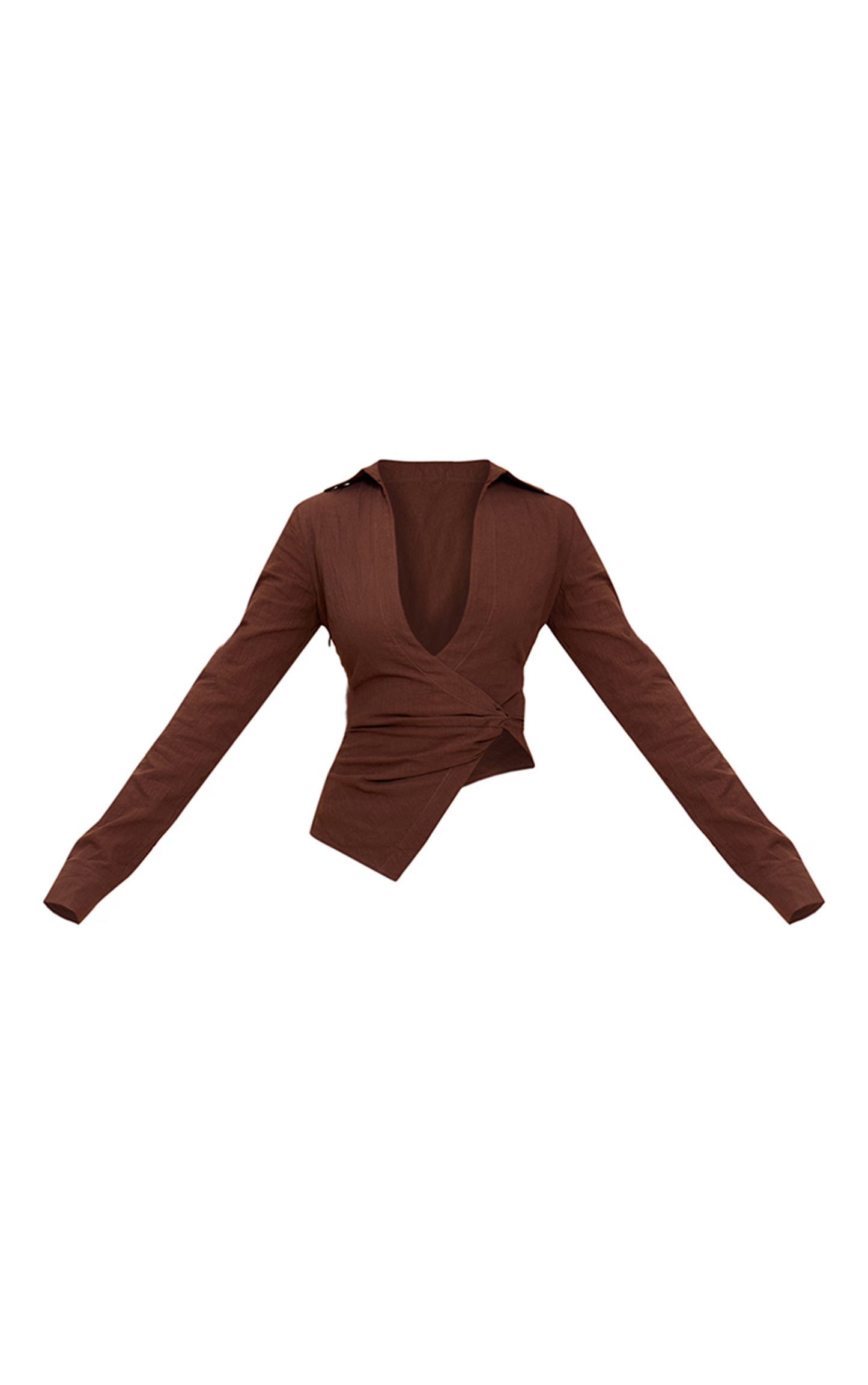 Dark Brown Linen Look Twist Plunge Shirt