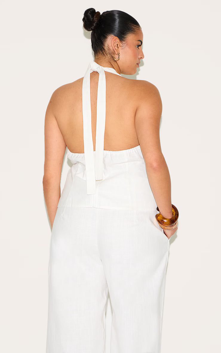 Plus White Linen Twist Front Halter Neck Top